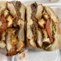 The Fat Prince Sandwiche · This is big, and tasty. Feature a 1/2 pound cheeseburger topped with grilled chicken, mozzar...