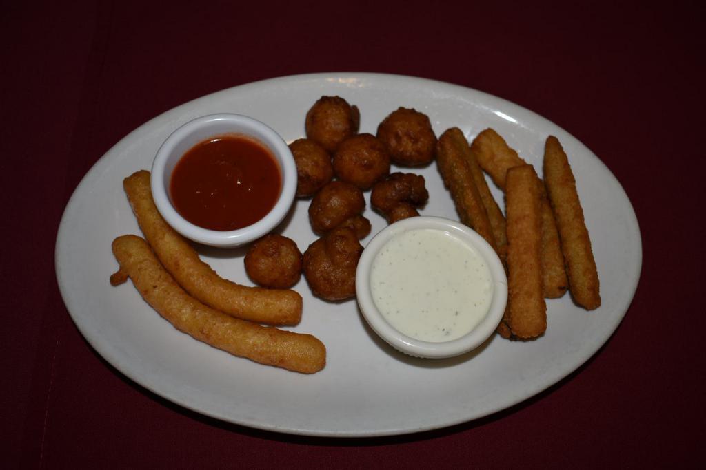 Fried Combo · Fried mushrooms, zucchini, and cheese. Served with ranch and marinara.