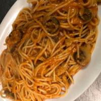 Mexican Spaghetti · Spaghetti sauteed with jalapenos, mushroom, mozzarella cheese, and marinara sauce. Served wi...