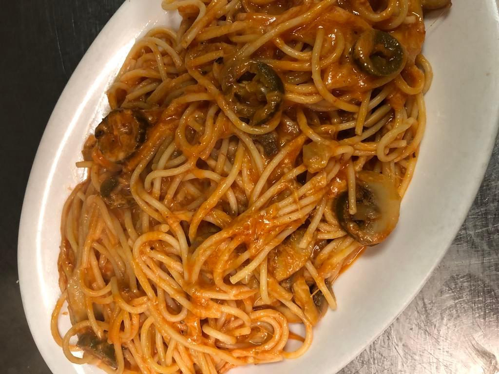 Mexican Spaghetti · Spaghetti sauteed with jalapenos, mushroom, mozzarella cheese, and marinara sauce. Served with side salad and bread.
