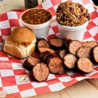 Smoked Sausage Sandwich Combo Plate · Served with your choice of 2 sides and a roll. Sandwich option available.