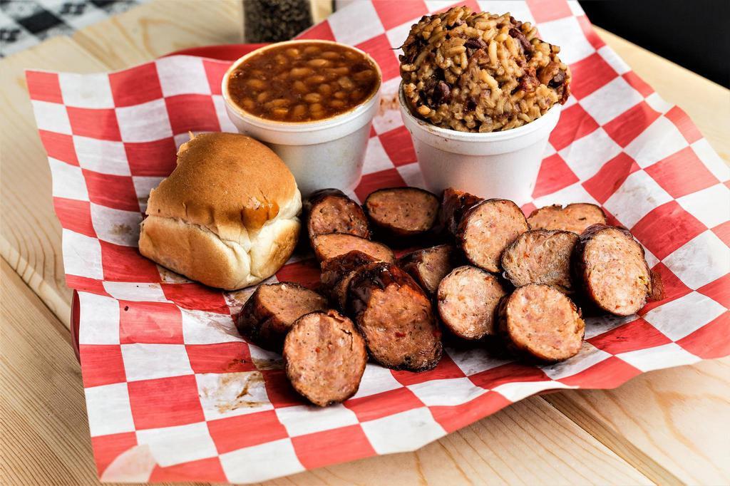 Smoked Sausage Sandwich Combo Plate · Served with your choice of 2 sides and a roll. Sandwich option available.
