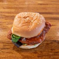 Crispy Chicken BurgerIM · 1/4 lb. chicken.  Recommended style: Buffalo (House Sauce, Mixed Greens, Buffalo Sauce, Gril...