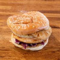 Salmon BurgerIM · 1/4 lb. patty.  Recommended style: Hawaiian (BBQ, Red Cabbage Slaw, Ginger Vinaigrette, Pine...