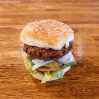Falafel BurgerIM · 1/4 lb. patty.  Recommended style: Tahini (Lettuce, Tomatoes, Pickles, Onions, Tahini Sauce)...