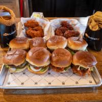Family Box · 8 (3 oz.) burgers, choose up to 2 types of patties. 8 wings, fries and onion rings.