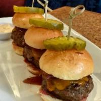 Brunch Sliders · Three Pat LaFrieda beef burgers on mini brioche buns, topped with chipotle-onion marmalade, ...
