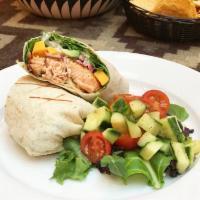 Salmon Wrap · a grilled salmon filet wrapped in a flour tortilla with sliced mango, avocado, arugula, cure...