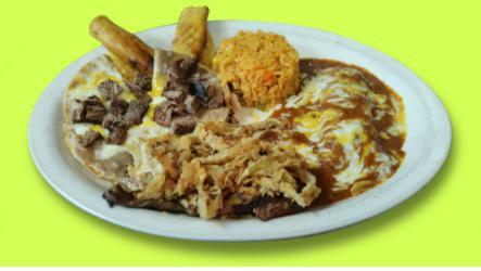 Plato del Jefe · Grilled marinated flank steak topped with crispy onions. Served with beef fajita nachos, chicken flautas, 1 cheese onion enchilada topped with chili con carne, and white rice.