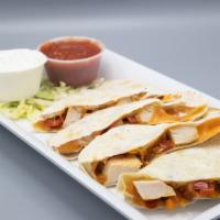 Strike Out Quesadillas · Crispy tortilla stuffed with seasoned chicken,
cheddar cheese and sauteed peppers and onions...