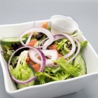 Garden Salad · Spring mix tossed with tomato, cucumber, onions and croutons. Served with your choice of dre...