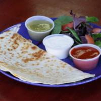Cheese Quesadilla · Mozzarella cheese, Jack cheese and cheddar cheese. With side salad, sour cream and salsa.