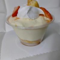 Strawberry Shortcake · Sweet strawberries over vanilla cake topped off with vanilla pudding and whipped cream