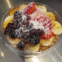78. Papa Smurf Bowl · Acai blended with banana, blueberry and vanilla yogurt milk or almond milk. Toppings: granol...