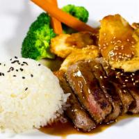 Steak and Chicken Teriyaki · Served with seasonal veggie, miso soup and rice.