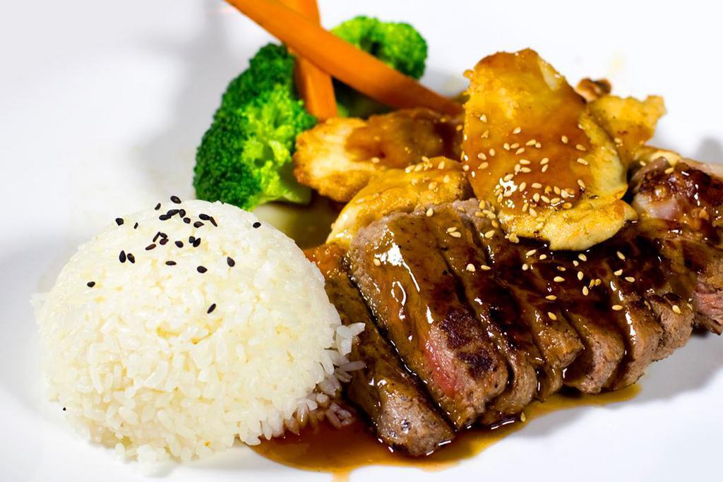 Steak and Chicken Teriyaki · Served with seasonal veggie, miso soup and rice.