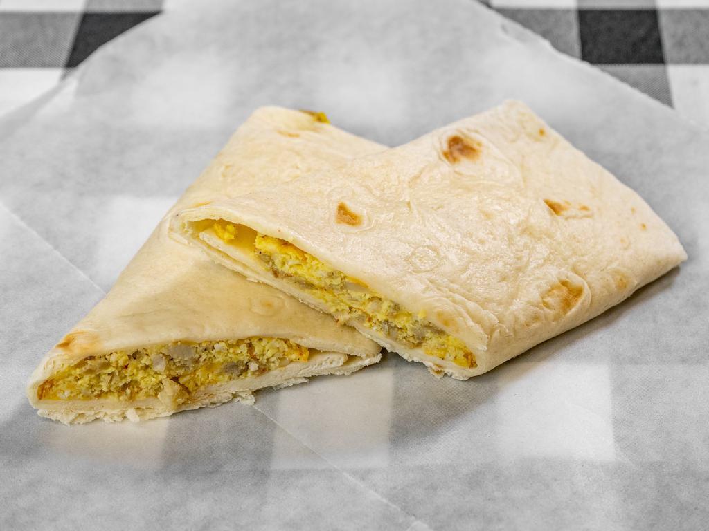 Sausage Egg and Cheese Burrito · Flour tortilla with a savory filling.