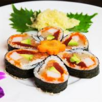 May Flower Roll · Tuna, salmon, yellowtail, crabmeat, avocado and tobiko.