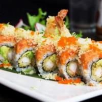 Sexy Girl Roll · Shrimp tempura we avocado, topped with spicy tuna with crunch.