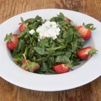 Strawberry Spinach Salad · Spinach, strawberry, feta, pecans and balsamic vinaigrette