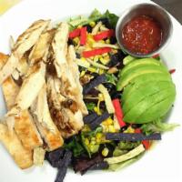 Cilantro Lime Chicken Salad · Grilled chicken, corn, black beans, avocado, cheddar cheese, tortilla strips, salsa, gazpach...