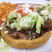 Sopes · 3 home made deep fried tortillas topped with beans, protein, lettuce, pico, guacamole salsa,...