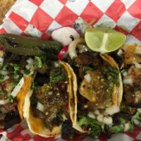 3 Street Tacos · Protein, cilantro, radish, lime, onions, green salsa, grilled onions, and grilled jalapeno.