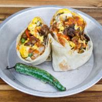 Padre Burrito · Steak, egg, cheese, bell peppers, grilled onions, potatoes, and red salsa.