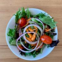 House Salad · Mixed greens, tomatoes, carrots, red onions, house vinaigrette.