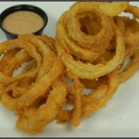Hand-Cut Onion Rings · Thin hand cut onion rings, lightly breaded then deep fried 
until golden brown. Served with...