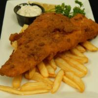 Fish & Chips · Icelandic Cod lightly breaded & deep fried until golden
brown, house tartar sauce on the si...