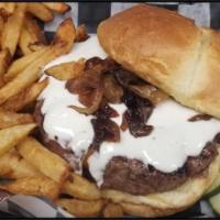 BLACK Burger · Our 8oz. Certified Angus beef blackened, then grilled & topped with blue cheese aioli & cara...