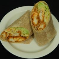 Buffalo Chicken Wrap · Crispy fried chicken tenders tossed in buffalo sauce,
topped with romaine lettuce &  ranch ...
