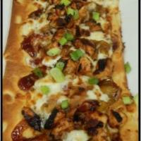 BBQ Chicken Flat Bread · Grilled BBQ chicken, caramelized onions, diced bacon and mozzarella cheese