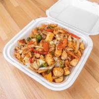 Chicken and Shrimp Teriyaki · Steamed rice, broccoli, cabbage, carrot, bell pepper, onion, mushroom with yum yum sauce.