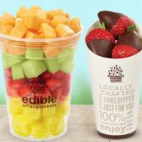 Fresh Fruit Salad and Chocolate Dipped Strawberries Cone · Double the indulgence with our 16 oz. fresh fruit salad and chocolate dipped strawberries co...
