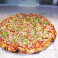 House Special Pizza · Pepperoni, ham, mushrooms, green olives, green peppers, and onions.
