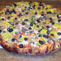 Veggie Supreme Pizza · A combination of mushrooms, green peppers, black olives, onions, mild pepper rings, green ol...