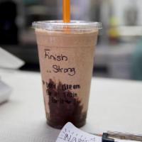 Finish Strong Smoothie · Inspired by coach Nat. Chocolate protein, peanut butter protein, peanut powder, banana, and ...