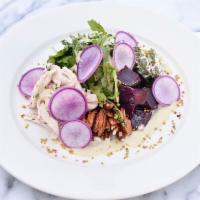 Chicken, Beet, Truffled Goat Cheese and Pecan Salad · Sous vide chicken breast, roasted organic beets, Laura Chenel goat cheese with black truffle...