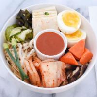 Silken Tofu Bibimbap · Hodo Soy Tofu, shiitake mushrooms, sesame, heirloom carrots, homemade red cabbage kimchi, cu...
