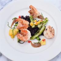 Roasted Prawns, Black Garlic and Forbidden Rice · Selva Shrimp, blistered shishito peppers, black garlic and yuba skin with sea beans.
