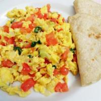 Huevos a la mexicana  · Scrambled eggs with tomato, onion, peppers, jalapeño, beans(frijoles) and corn tortillas or ...