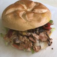 Honey Hog Sandwich · Grilled honey turkey, melted mozzarella, lettuce, tomato and roasted peppers with honey must...
