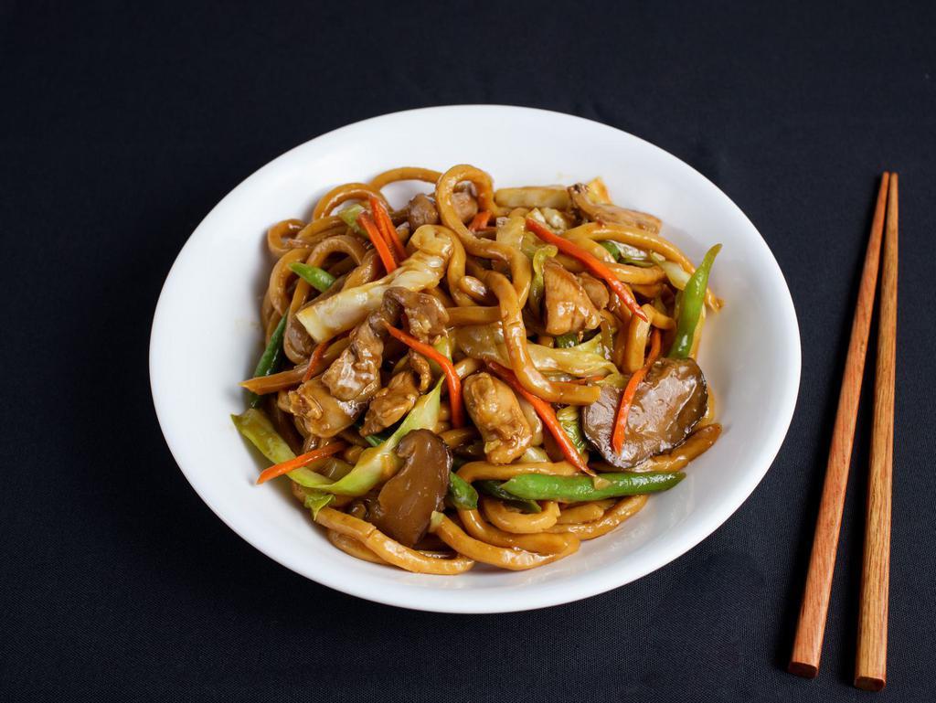 Pork, Chicken, Beef Subgum Shanghai Fat Noodles by China Live Signatures · By China Live Signatures. Shanghai style, thick-chewy noodles stir-fried with lean pork, chicken, cabbage, and shiitake medley. Contains gluten, soy, and eggs. We cannot make substitutions.