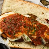 Eggplant Parmigiana Hero · Fried, in-house breaded eggplant smothered in grandma's recipe marinara and melted mozzarell...