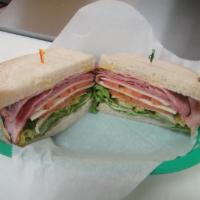 Ham and Mozzarella Sandwich · Ham, mozzarella, lettuce, tomatoes and onions with mayonnaise and mustard.