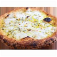Bianca Pie · Extra Virgin olive oil, fresh or shredded mozzarella, minced garlic, oregano, sea salt