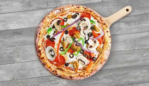The Brick · Red sauce, mozzarella, pepperoni, Italian sausage, green bell peppers, red onions, mushrooms, and black olives