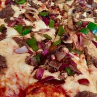 Philly Cheese Pizza · Beef, onion, green peppers, mushrooms and mozzarella.